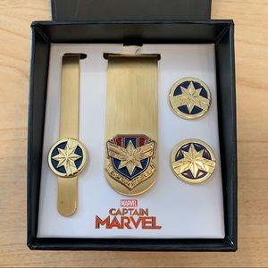Captain Marvel Cuff Links Money Clip Tie Clip Boxed Set, NWOT